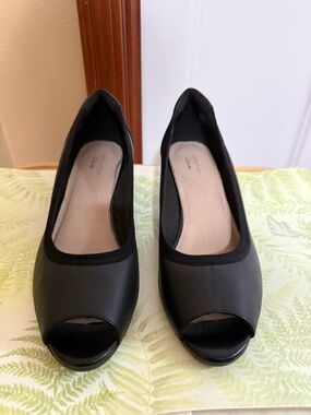 Clarks Black Open-Toe Wedge Pumps